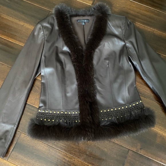 Lafayette 148 New York Brown Leather Jacket with Cropped Fit Fur Trim 100% Fox - Picture 10 of 13